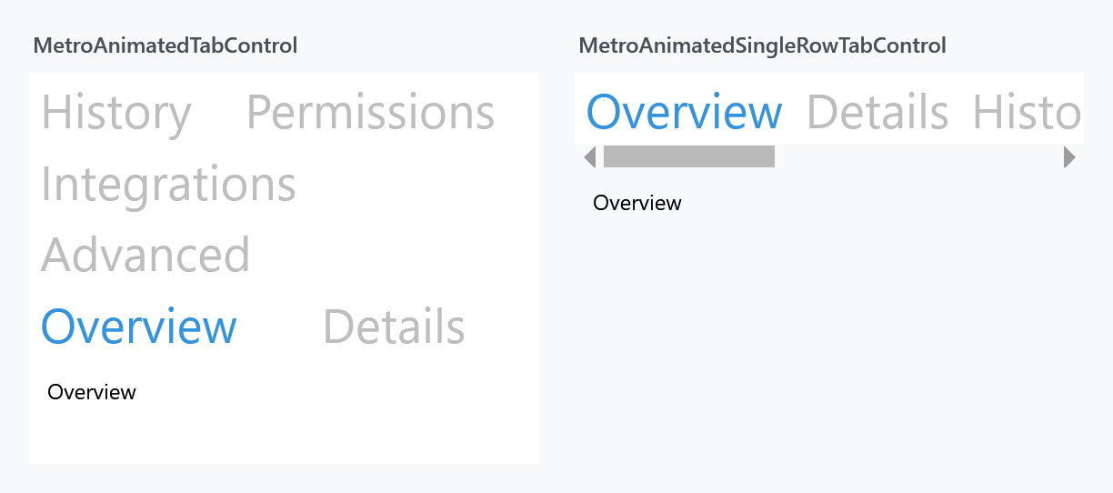 The same six tabs in both controls