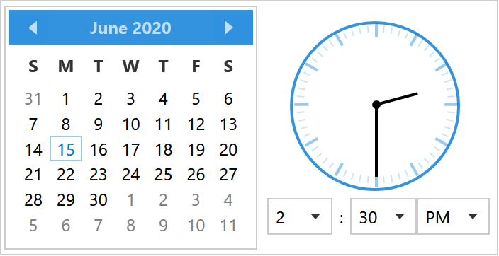 The drop-down: calendar, clock and the three lists