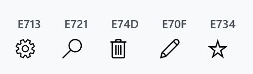 Five Segoe MDL2 Assets glyphs