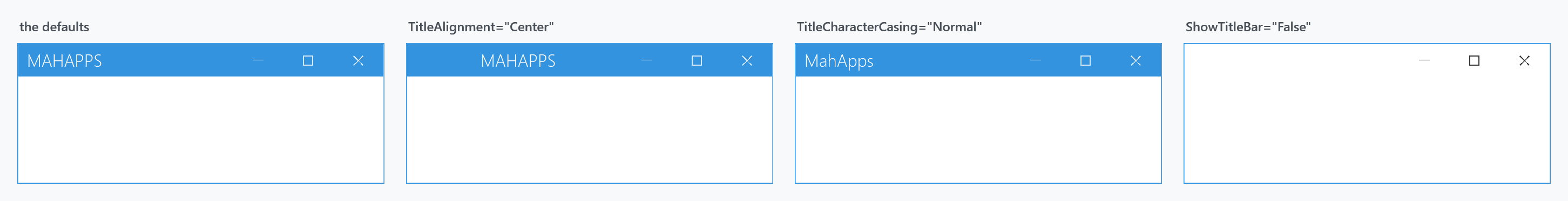 The defaults, a centred title, normal casing, and no title bar
