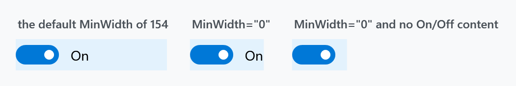 The default width, MinWidth 0, and MinWidth 0 with no content