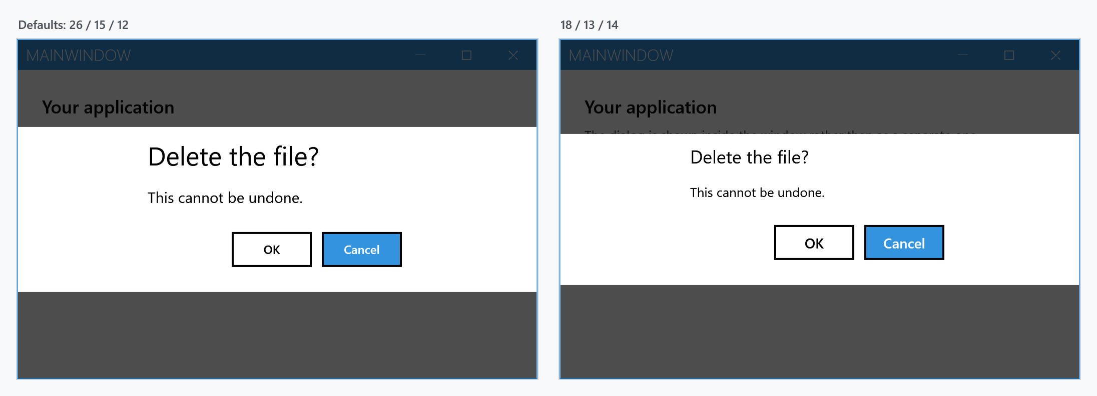 Default and custom font sizes