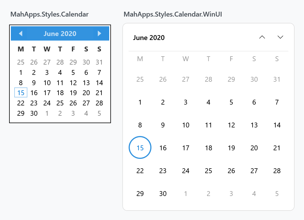 The built-in calendar and the WinUI variant