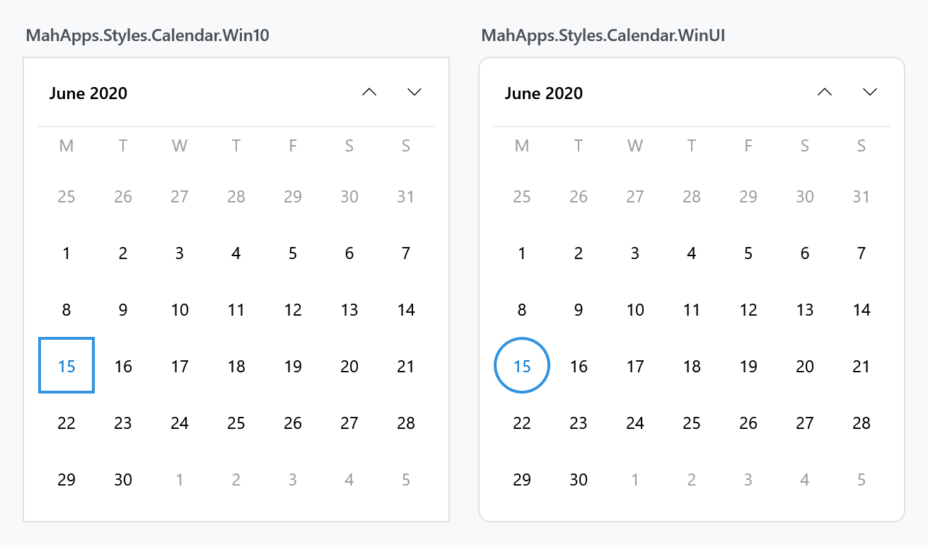 The square Win10 calendar beside the rounded WinUI one