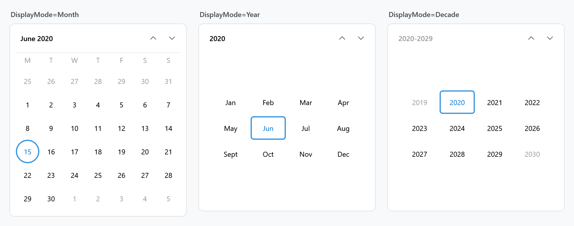 The WinUI calendar in month, year and decade mode