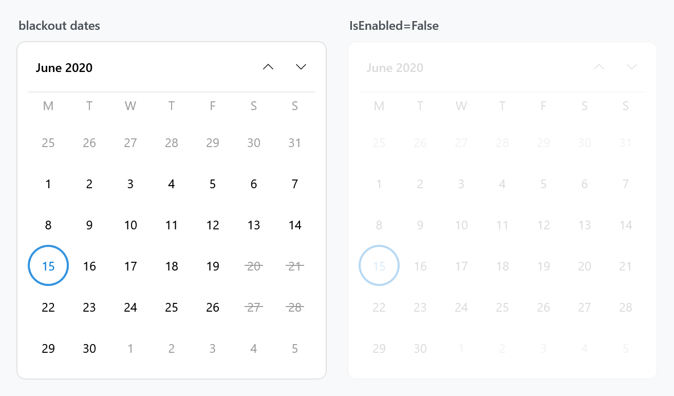 Blacked-out dates and a disabled calendar