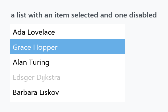 A list with an item selected and one disabled