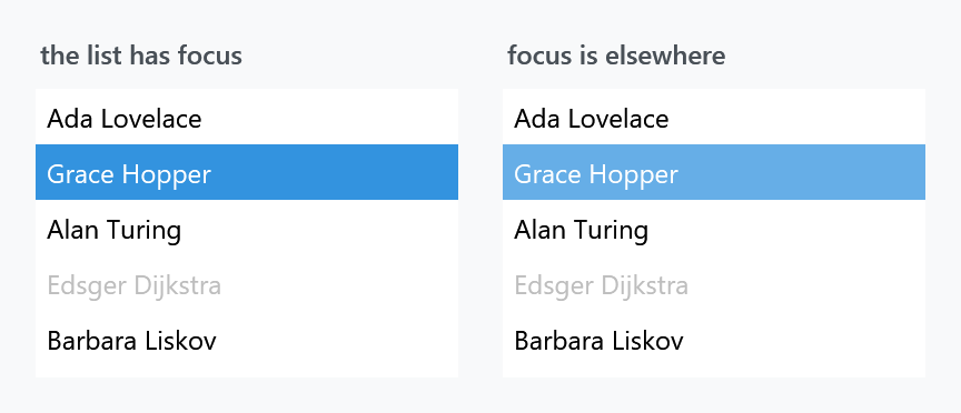 The same list focused and unfocused