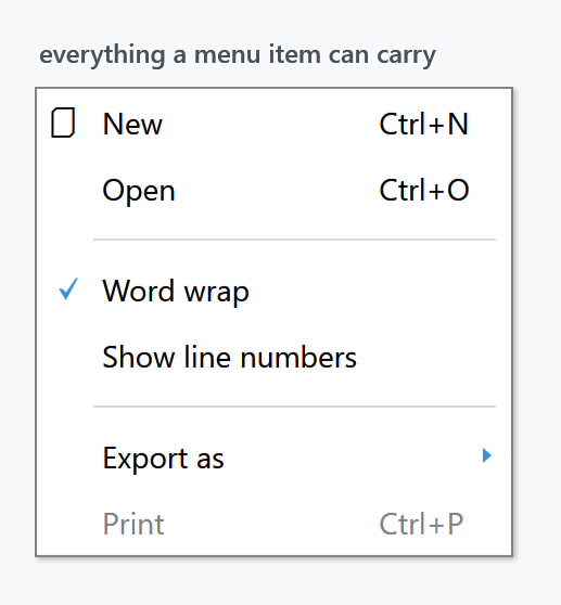 A context menu with an icon, gesture text, check marks, separators, a submenu and a disabled item