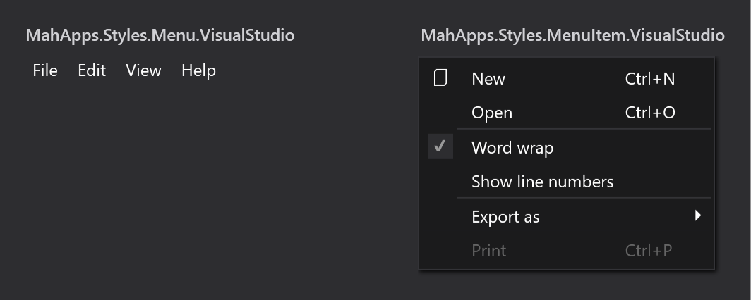 The Visual Studio menu styles on a dark ground