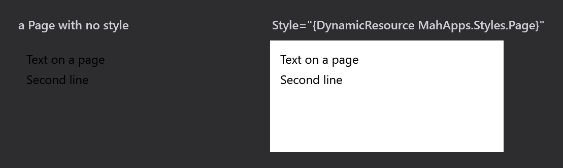 A page with and without the style, on a dark surface
