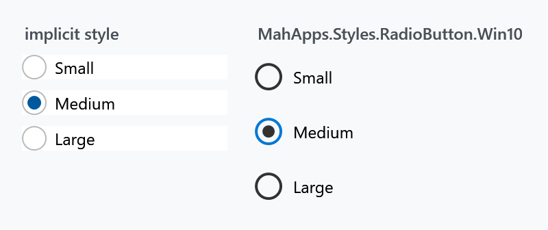 The default RadioButton and the Win10 variant